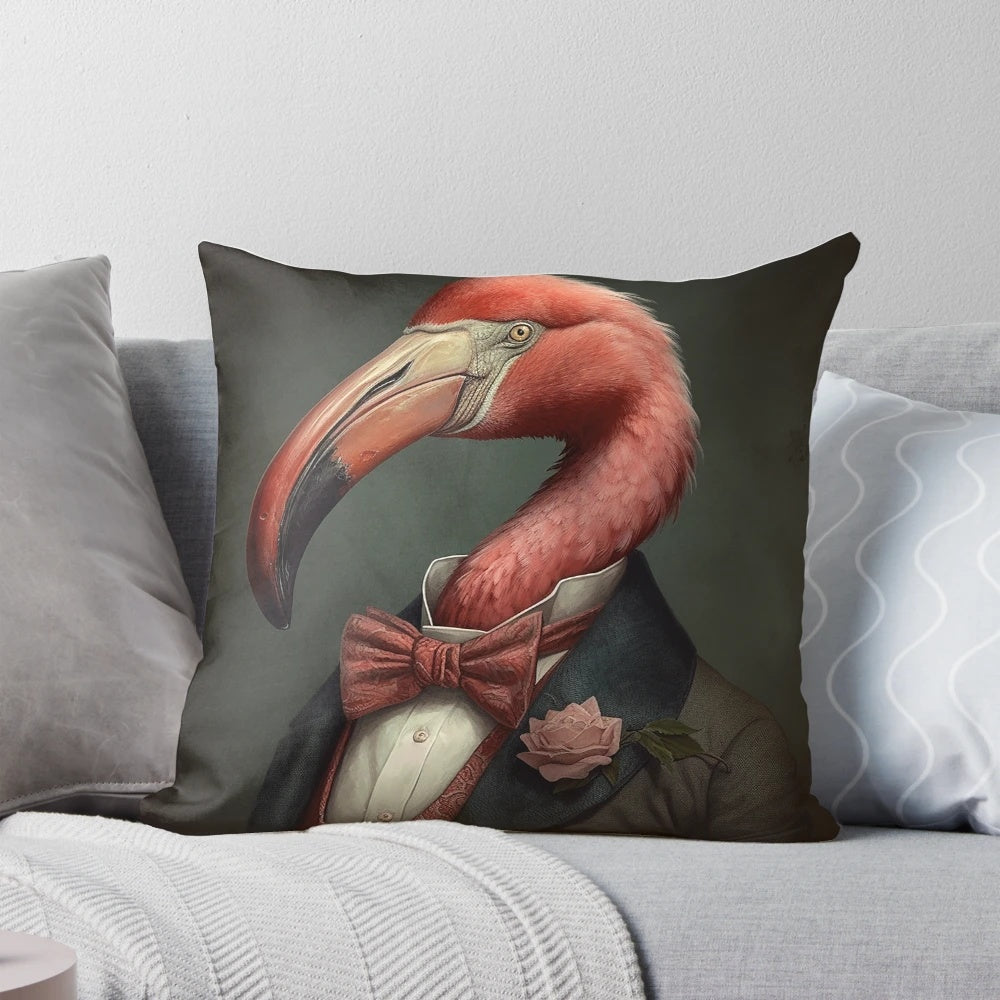Vintage-style portrait of a flamingo wearing a suit, in a Victorian-inspired design.