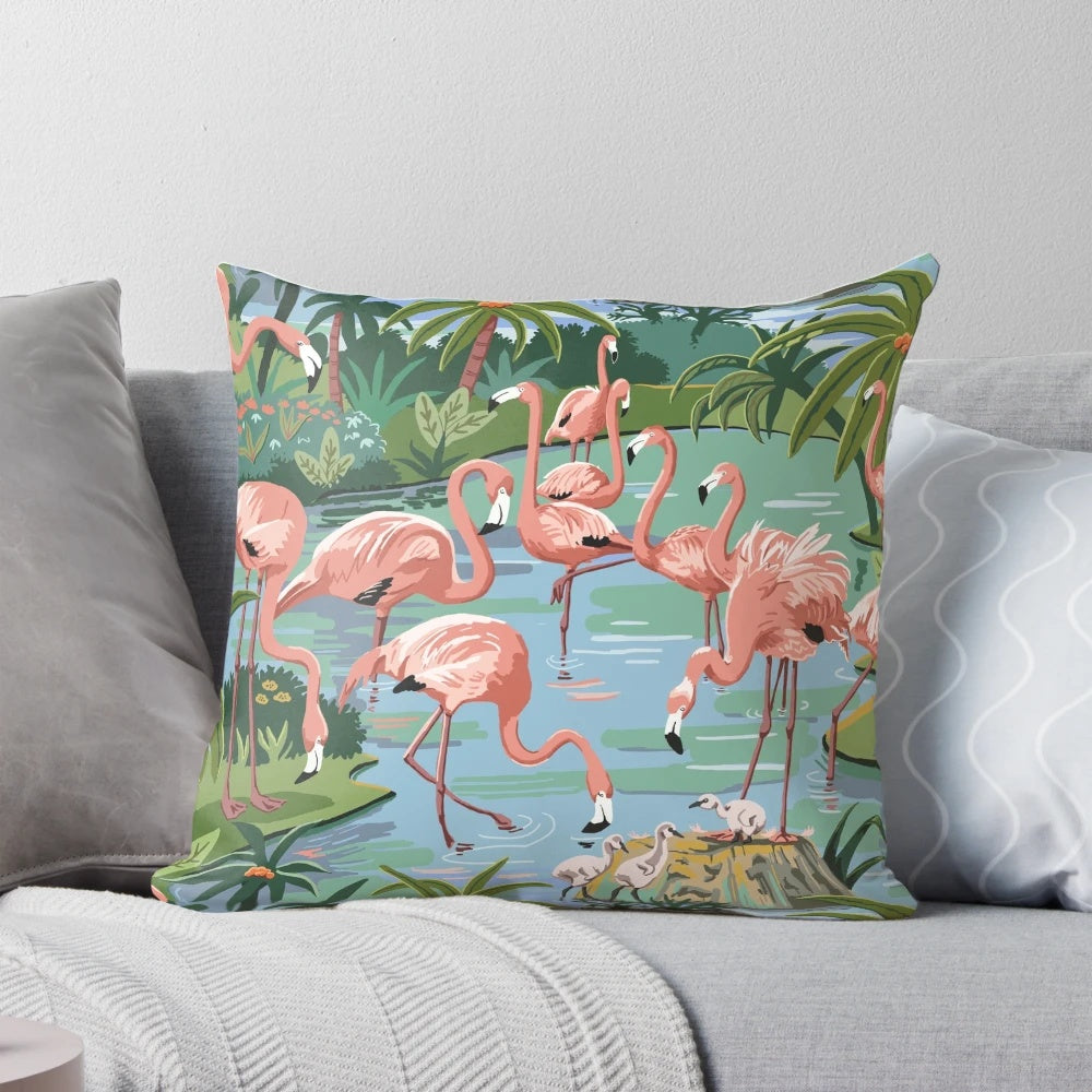 A vintage-style paint by number throw pillow featuring a whimsical flamingo scene in a tropical lagoon setting.