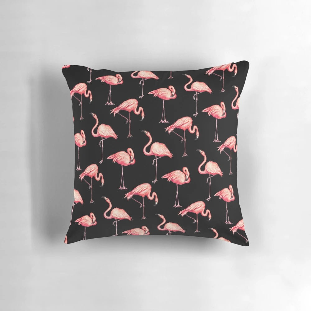 Vintage-inspired flamingo pattern decorative throw pillow in black and pink for home decor