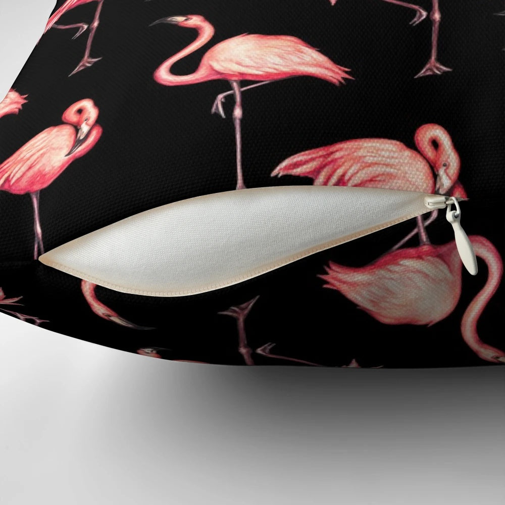 Vintage-inspired flamingo pattern decorative throw pillow in black and pink for home decor
