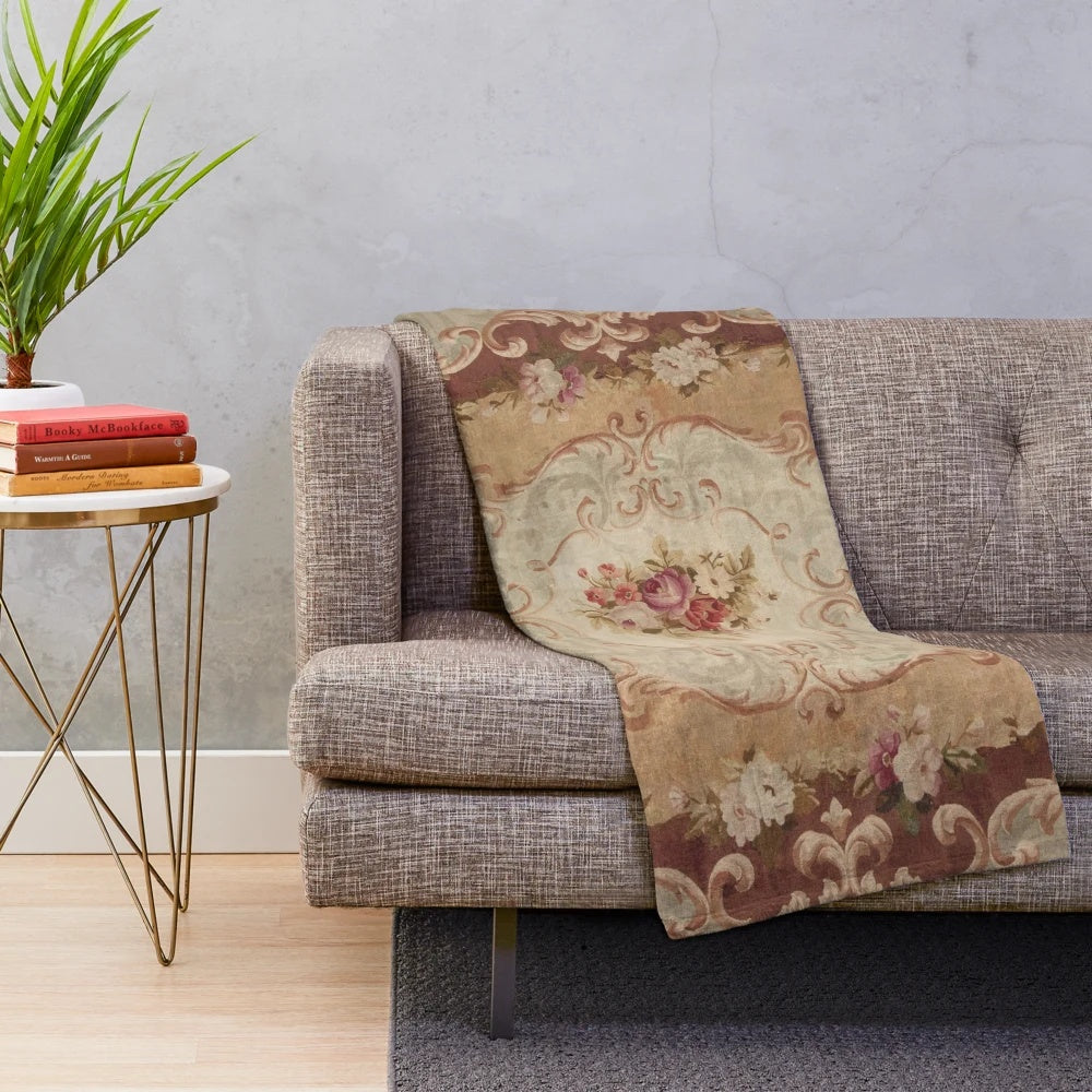 Antique Rose Floral French Aubusson Rug Print Plush Blanket