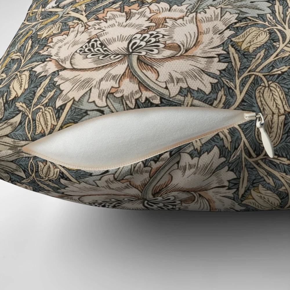A vintage-inspired floral and botanical decorative pillow featuring the Pimpernel motif by William Morris.