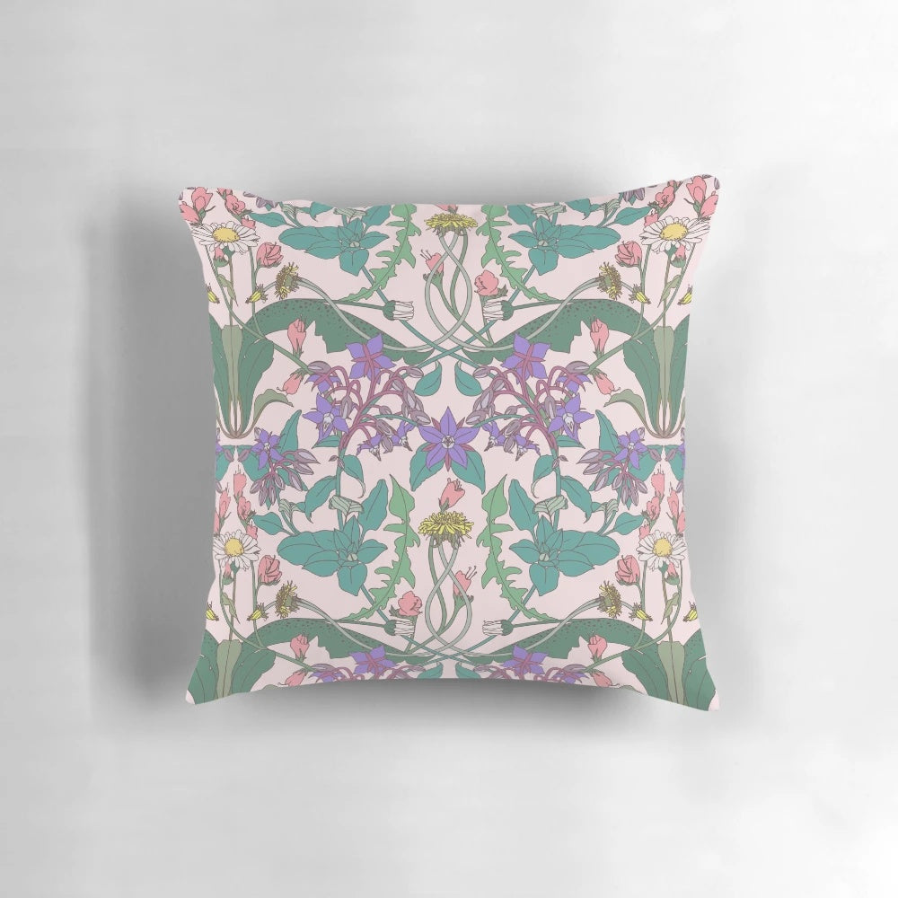 Vintage inspired floral decorative pillow with a dandelion and botanical pattern