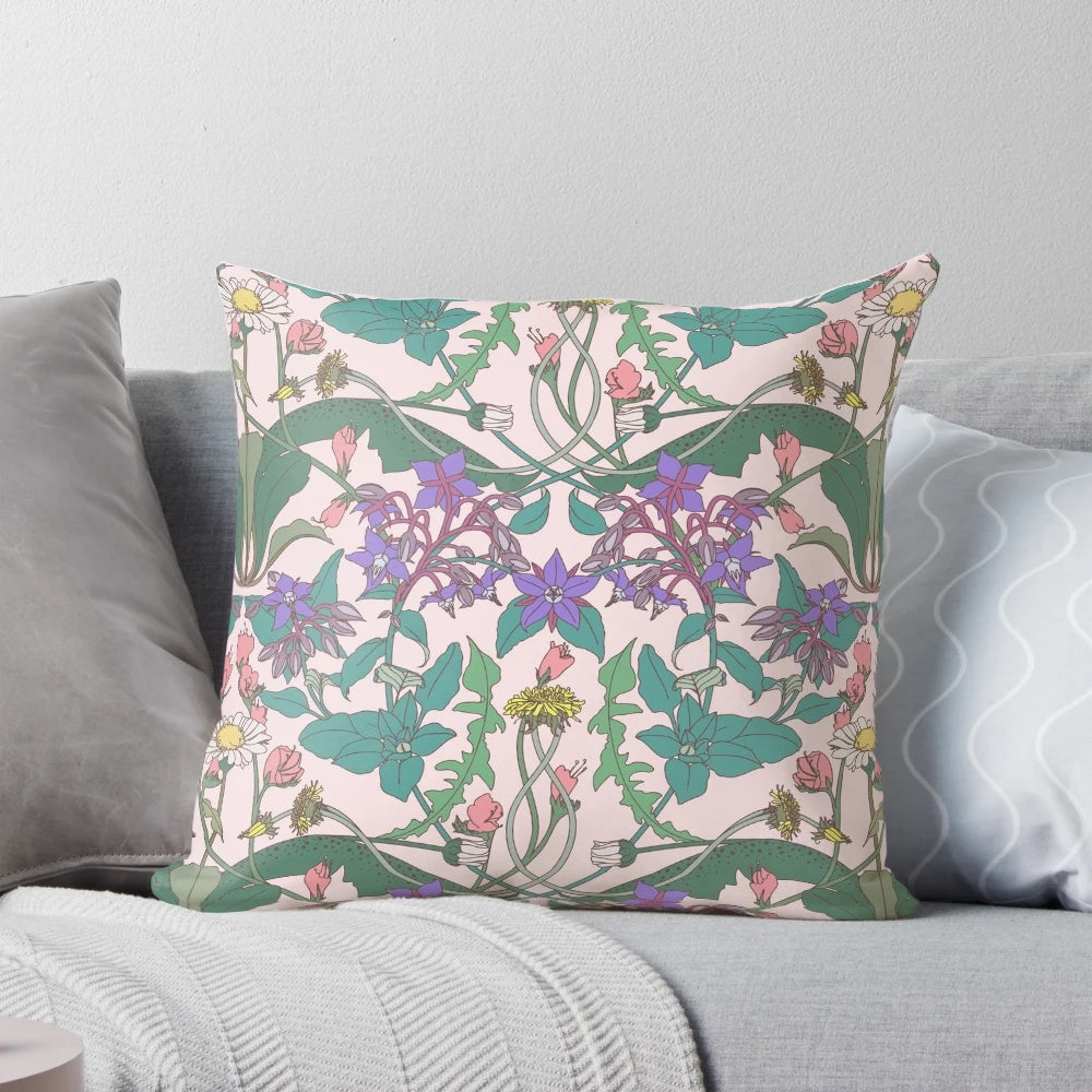 Vintage inspired floral decorative pillow with a dandelion and botanical pattern