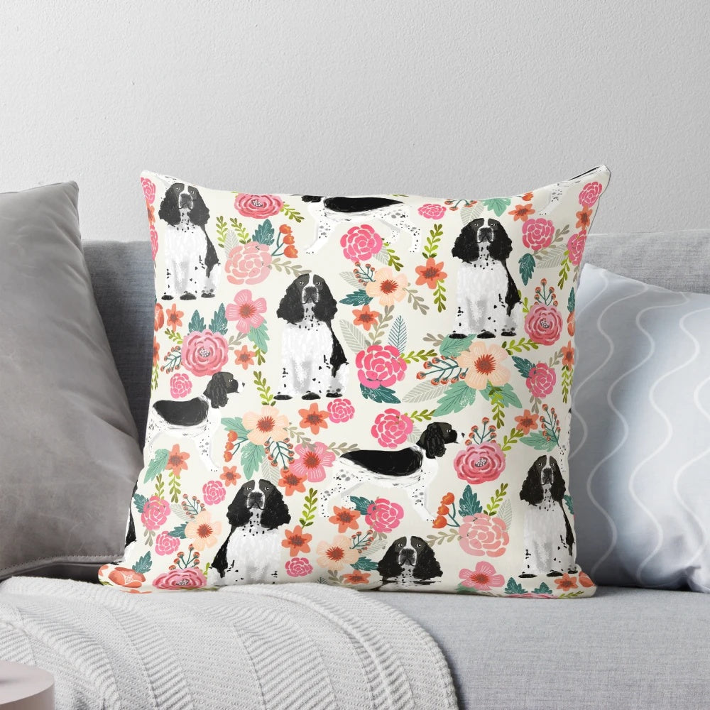 Vintage floral pattern pillow featuring an English Springer Spaniel dog in black and white