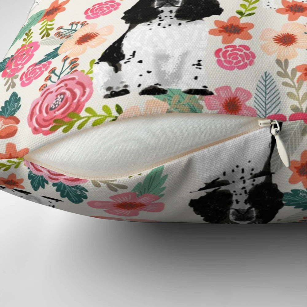 Vintage floral pattern pillow featuring an English Springer Spaniel dog in black and white