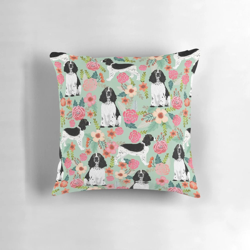 Vintage floral pattern with an English Springer Spaniel dog on a decorative throw pillow
