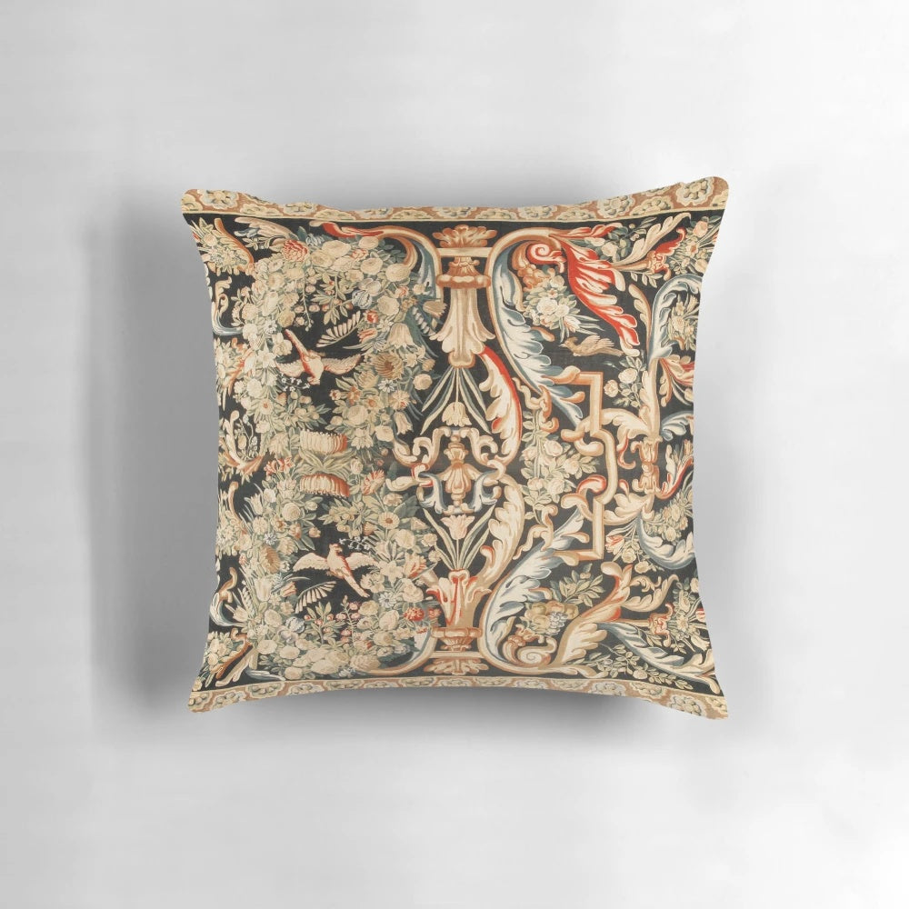 Vintage floral patterned accent pillow with antique French Gobelins and Aubusson tapestry-inspired design