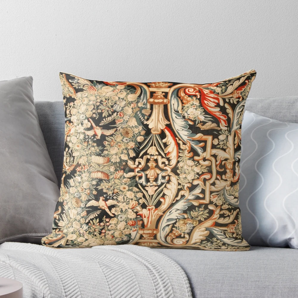 Vintage floral patterned accent pillow with antique French Gobelins and Aubusson tapestry-inspired design