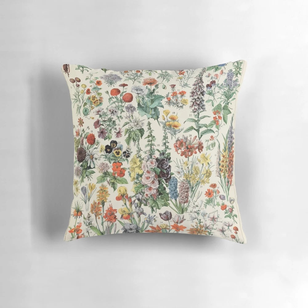 Vintage floral illustration decorative pillow featuring Adolphe Millot's Fleurs design