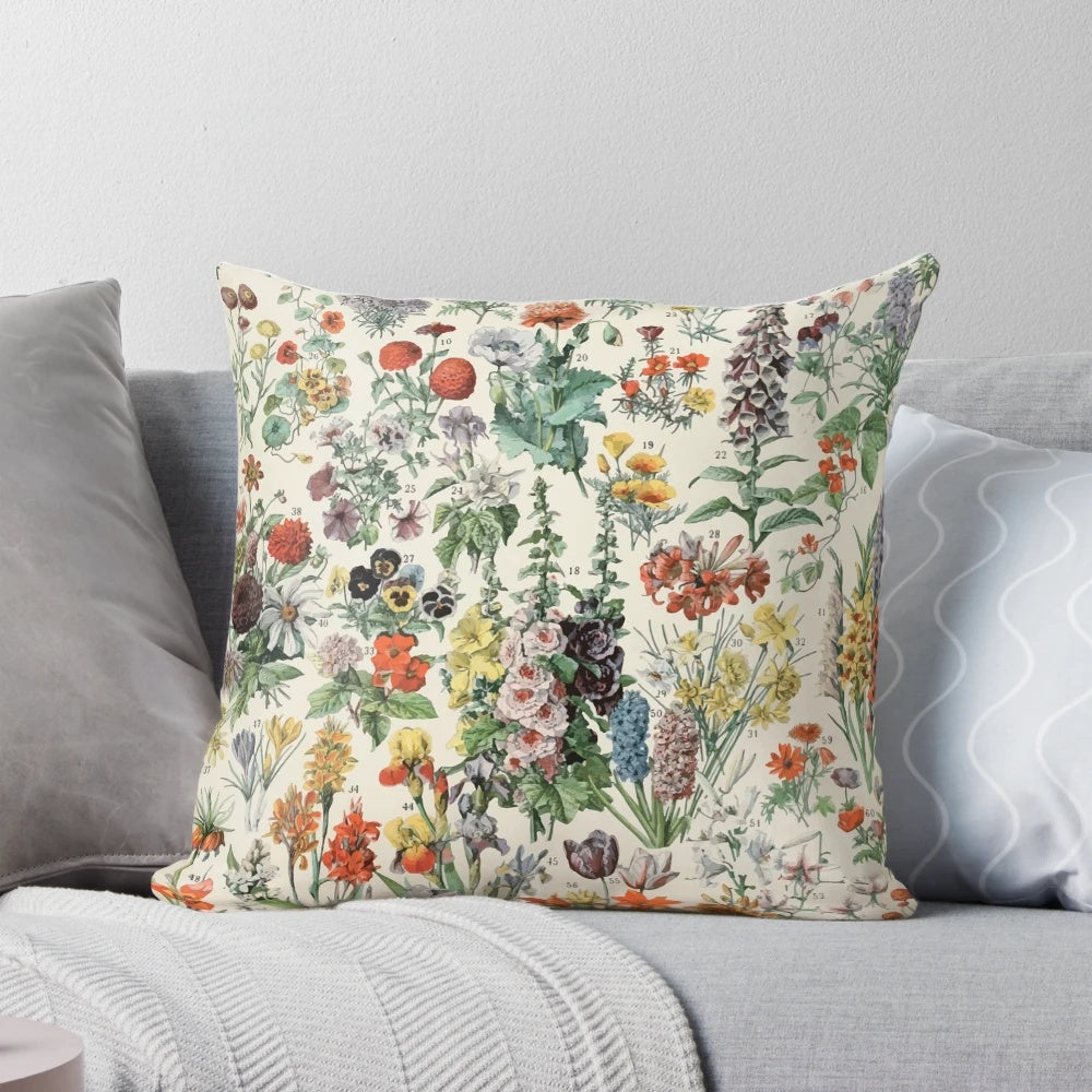 Vintage floral illustration decorative pillow featuring Adolphe Millot's Fleurs design