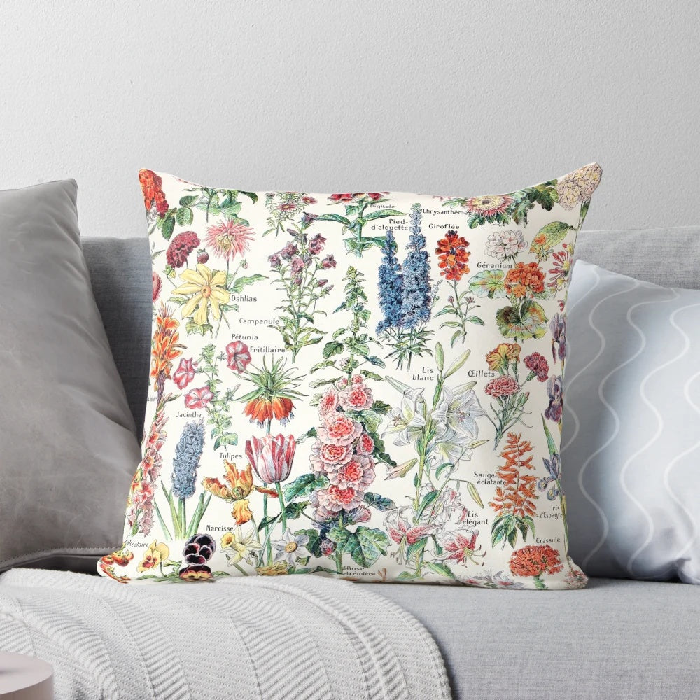 Vintage pillow featuring a floral lithograph illustration by Adolphe Millot from the French "Fleurs pour tous" botanical print