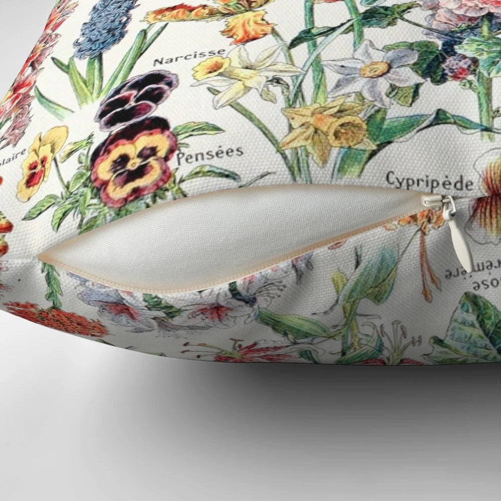 Vintage pillow featuring a floral lithograph illustration by Adolphe Millot from the French "Fleurs pour tous" botanical print
