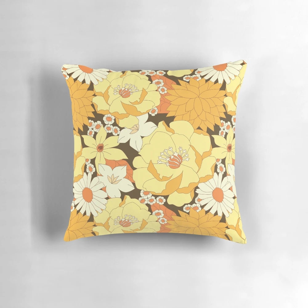 Vintage yellow, orange, and brown floral pattern pillow