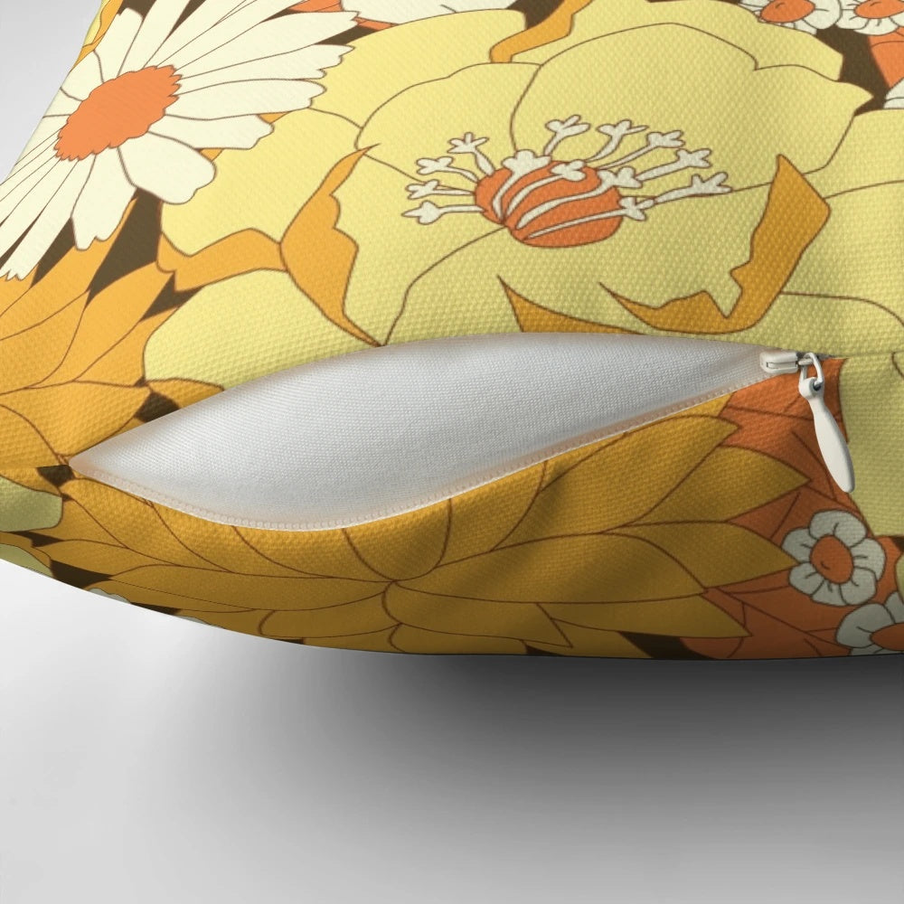 Vintage yellow, orange, and brown floral pattern pillow