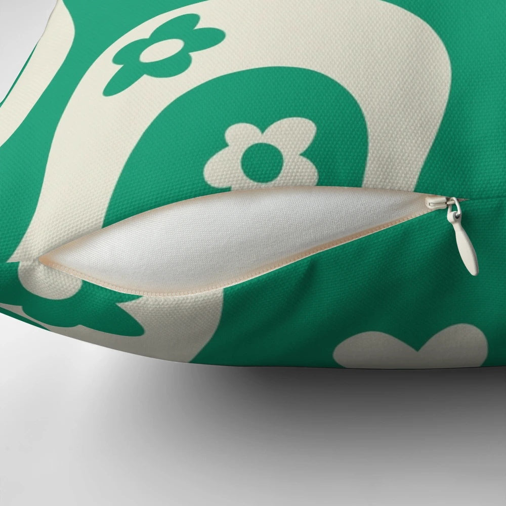 Vintage-inspired floral print pillow in green and white colors