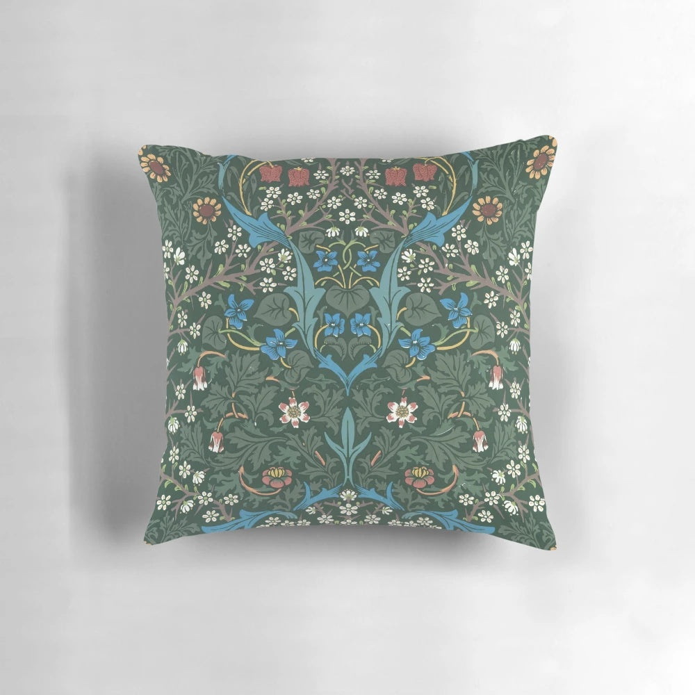 Vintage floral pillow with William Morris Blackthorn pattern in green and white