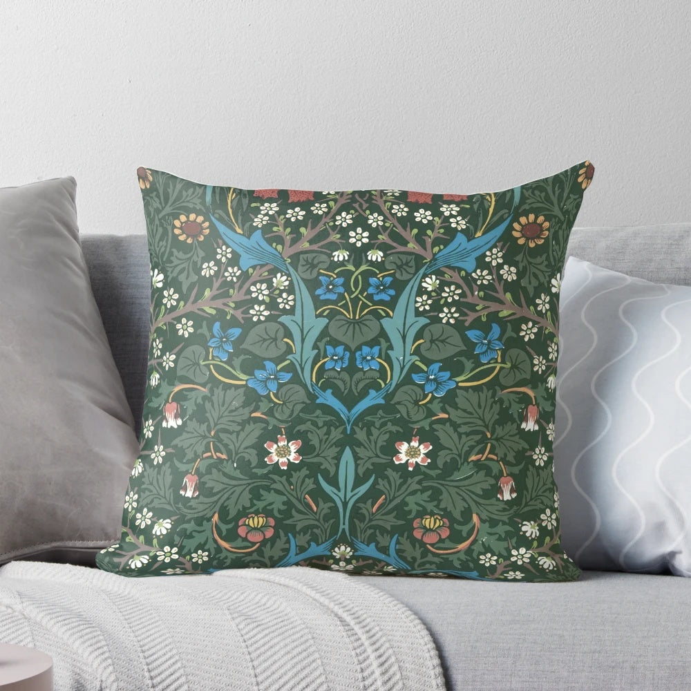 Vintage floral pillow with William Morris Blackthorn pattern in green and white
