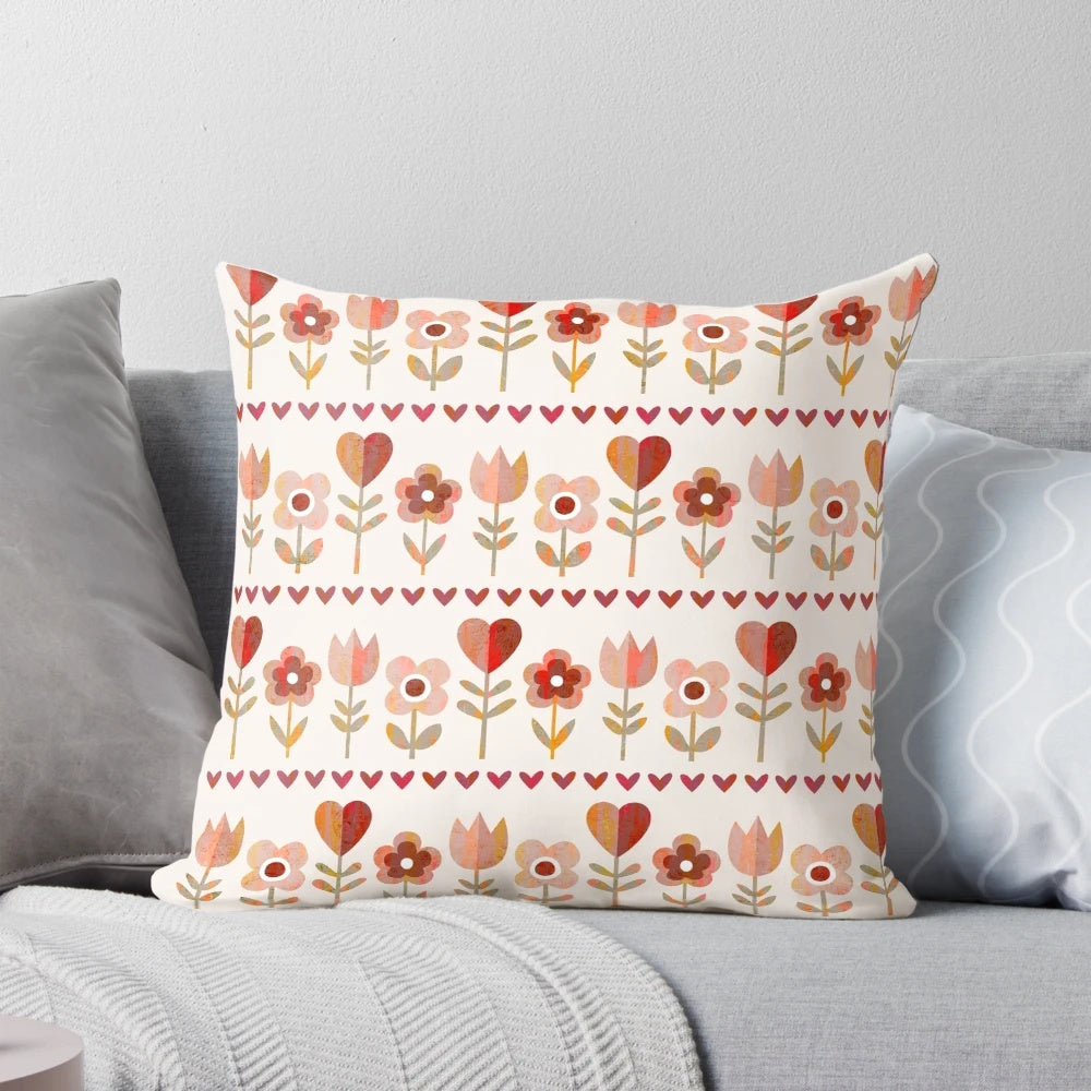 Vintage-inspired floral pillow with retro daisy flower pattern in brown and cream colors
