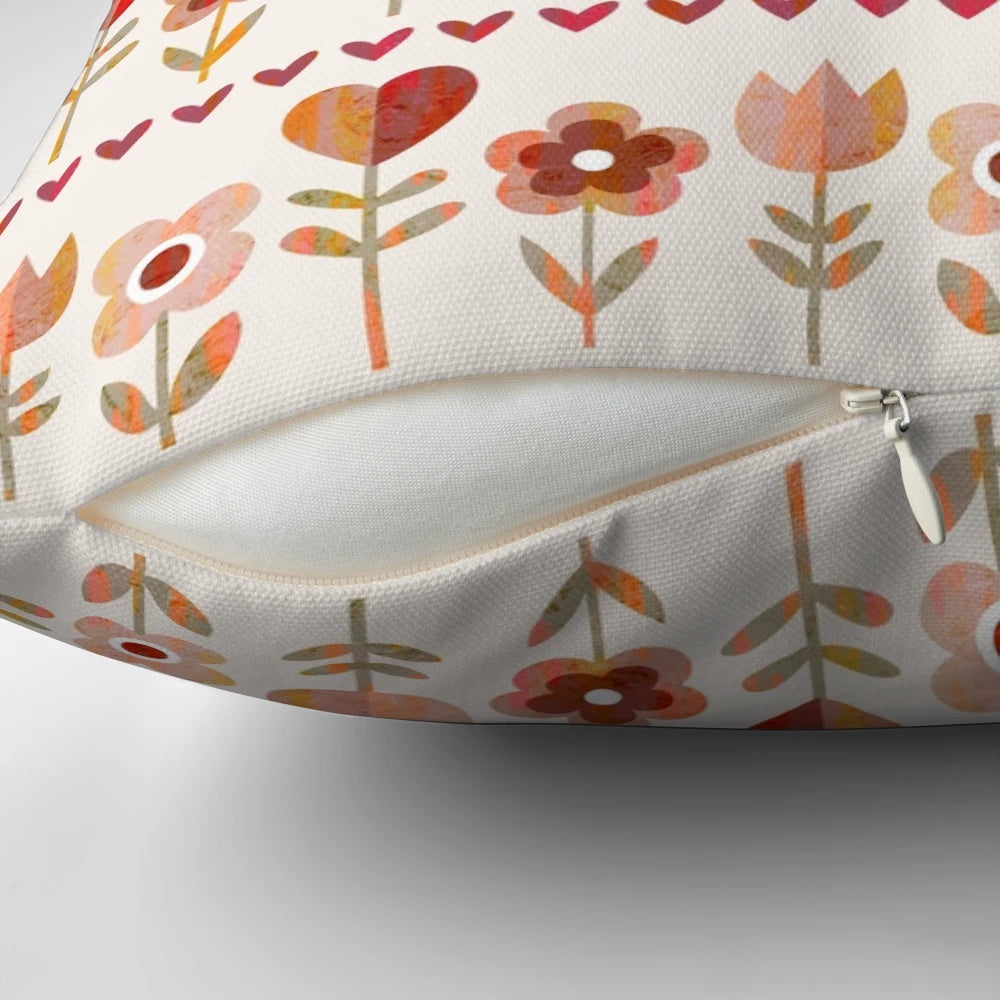 Vintage-inspired floral pillow with retro daisy flower pattern in brown and cream colors