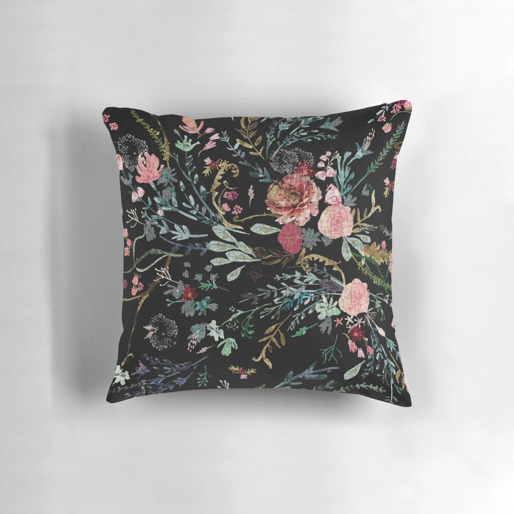 Vintage-inspired floral pillow with a watercolor design featuring romantic roses and flowers