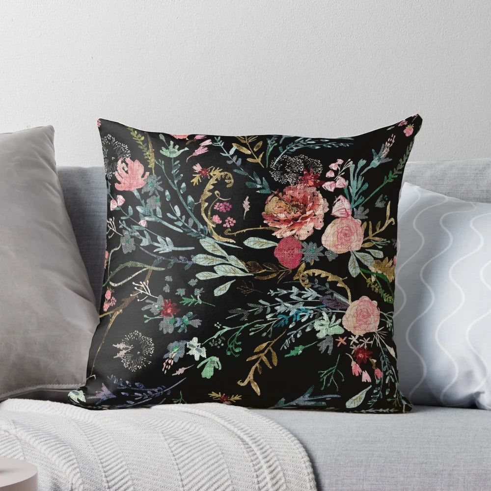 Vintage-inspired floral pillow with a watercolor design featuring romantic roses and flowers