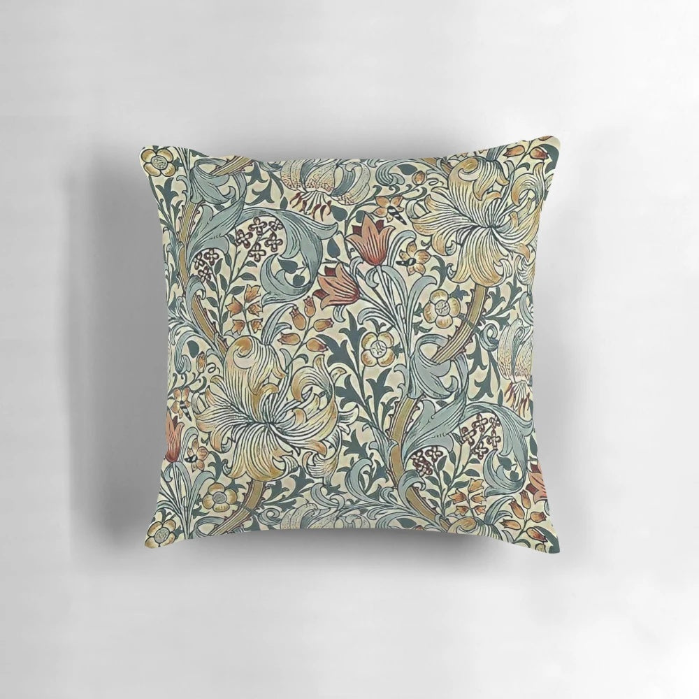 Vibrant floral design pillow with vintage William Morris-style botanical patterns