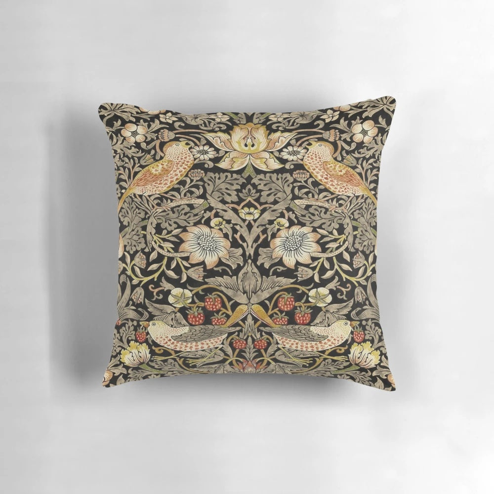 Decorative throw pillow featuring the iconic William Morris Strawberry Thief floral design