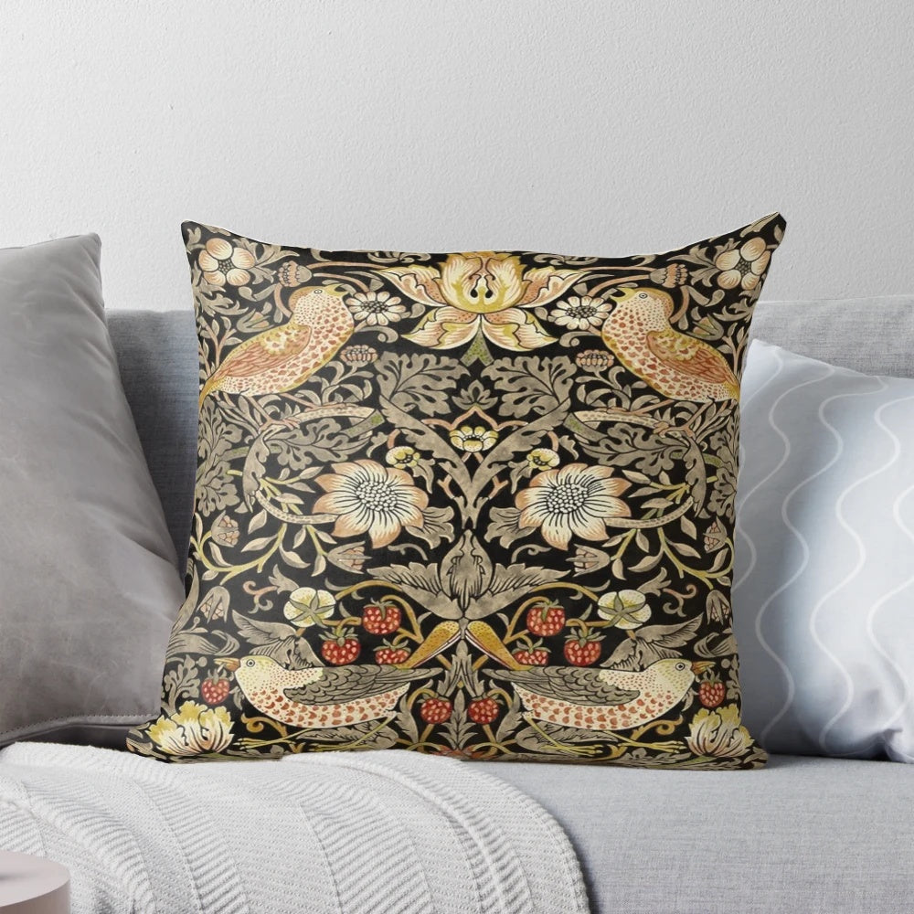 Decorative throw pillow featuring the iconic William Morris Strawberry Thief floral design