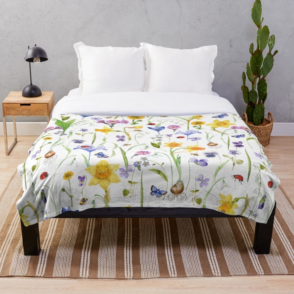 All Spring Flowers Meadow Pattern Plush Blanket with Vintage Botanical Florals