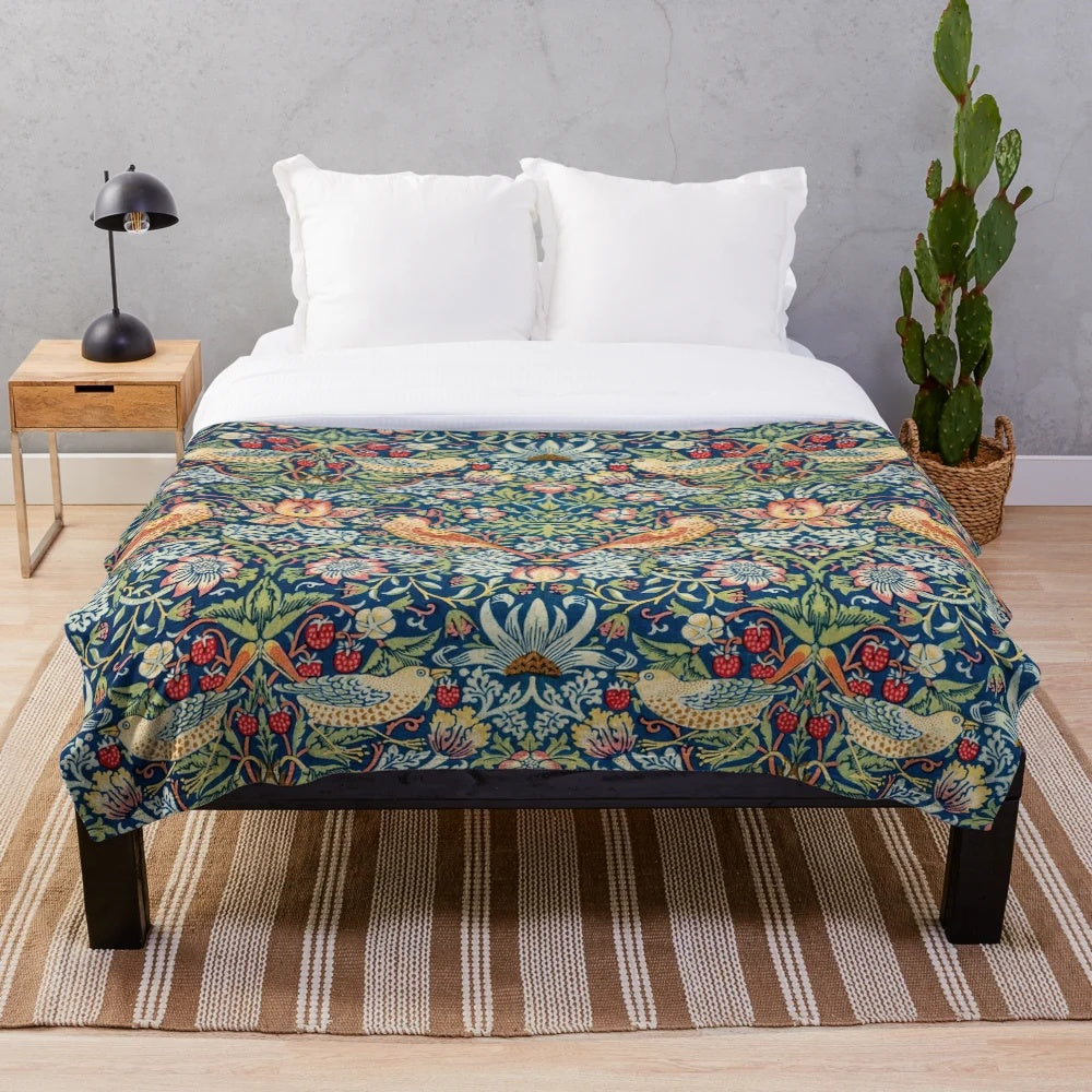 Vintage floral plush blanket with William Morris-inspired botanical pattern