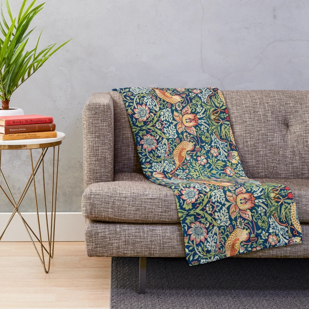 Vintage floral plush blanket with William Morris-inspired botanical pattern