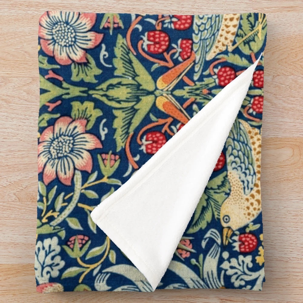 Vintage floral plush blanket with William Morris-inspired botanical pattern