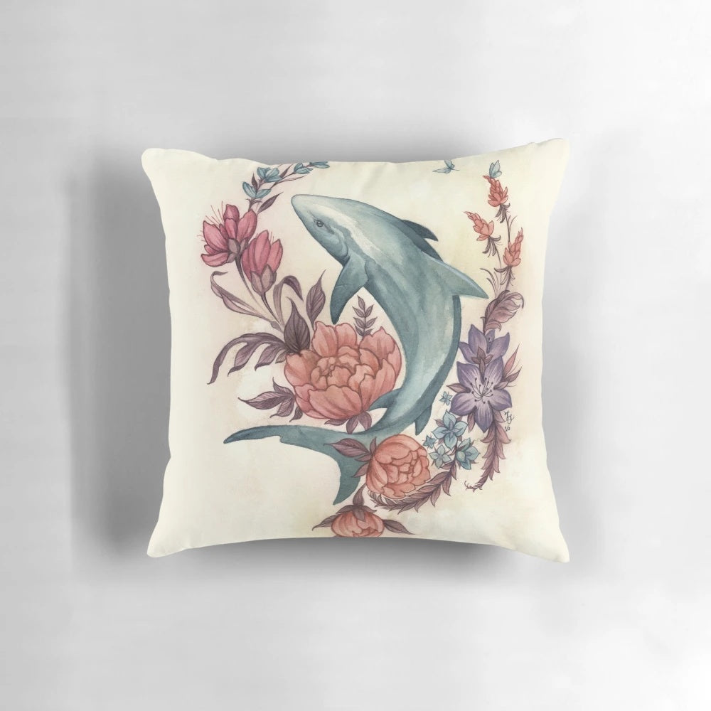 Handmade floral shark pillow with watercolor botanical design for nature-themed home