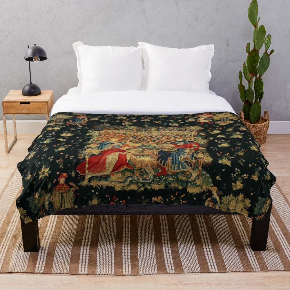 Vintage-style floral tapestry-inspired plush blanket with birds and court figures