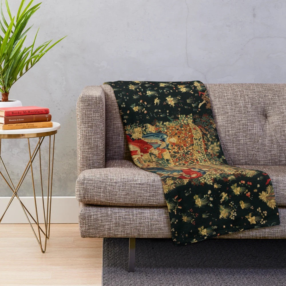 Vintage-style floral tapestry-inspired plush blanket with birds and court figures