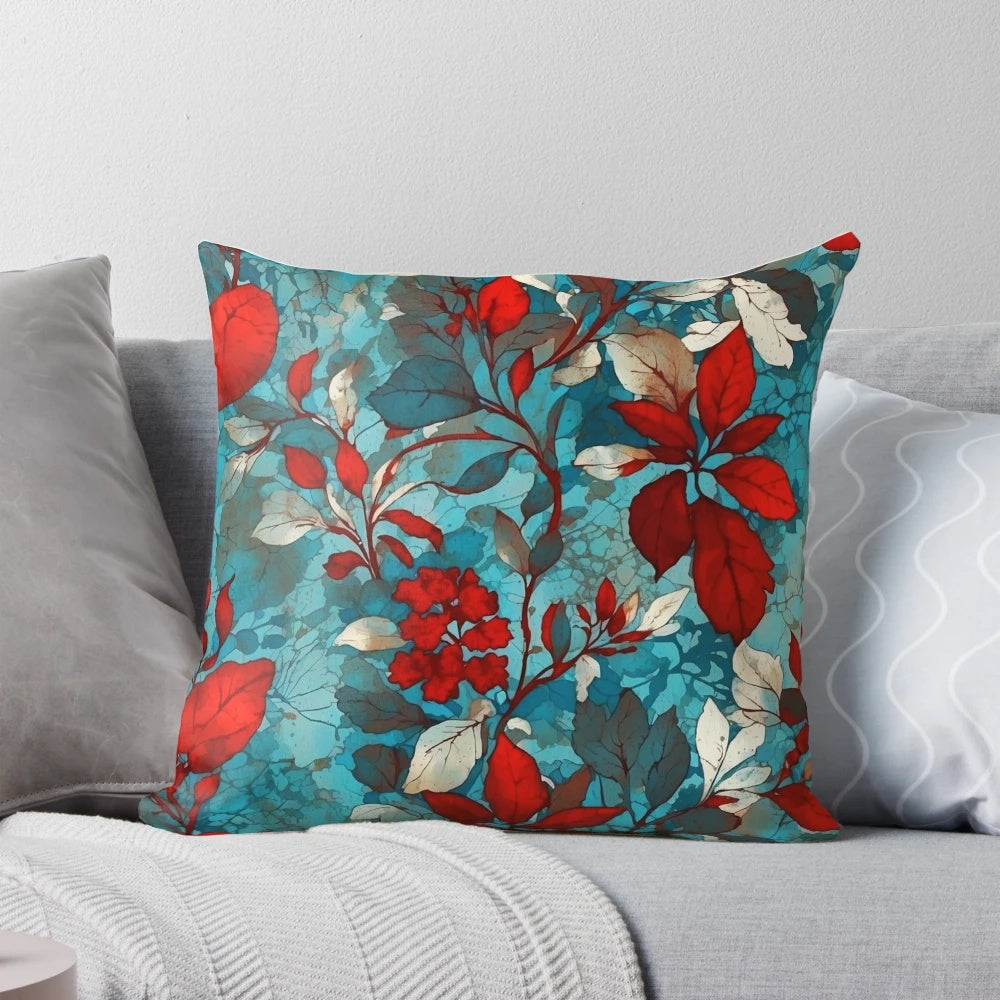 Vintage-inspired teal and red floral throw pillow with small, delicate blooms in a watercolor-style pattern