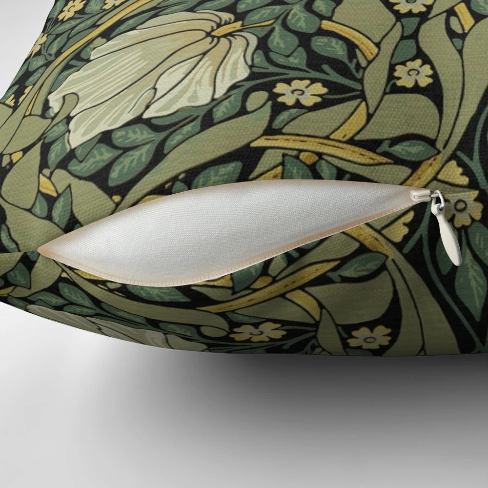 Vintage-inspired floral pillow in green and neutral tones, featuring a William Morris pattern design.