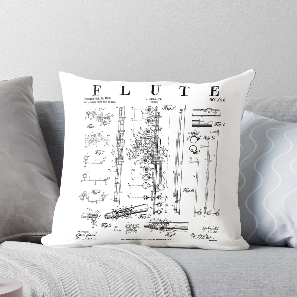 Vintage Flute Pillow featuring a flutist or flautist drawing print