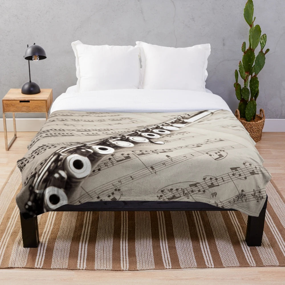 Vintage flute plush blanket with retro musical instrument design