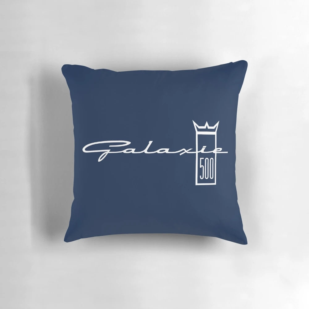 Vintage white Ford Galaxie 500 emblem printed on a soft, comfortable pillow