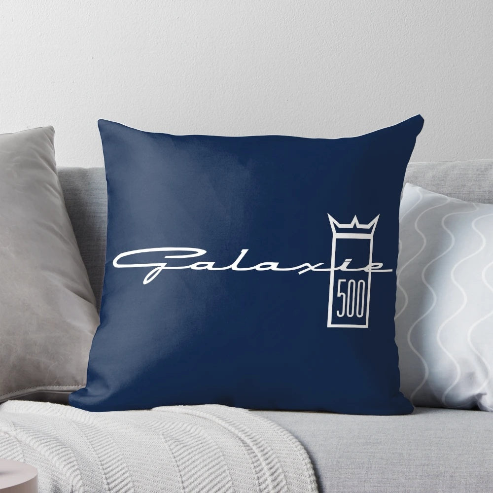 Vintage white Ford Galaxie 500 emblem printed on a soft, comfortable pillow