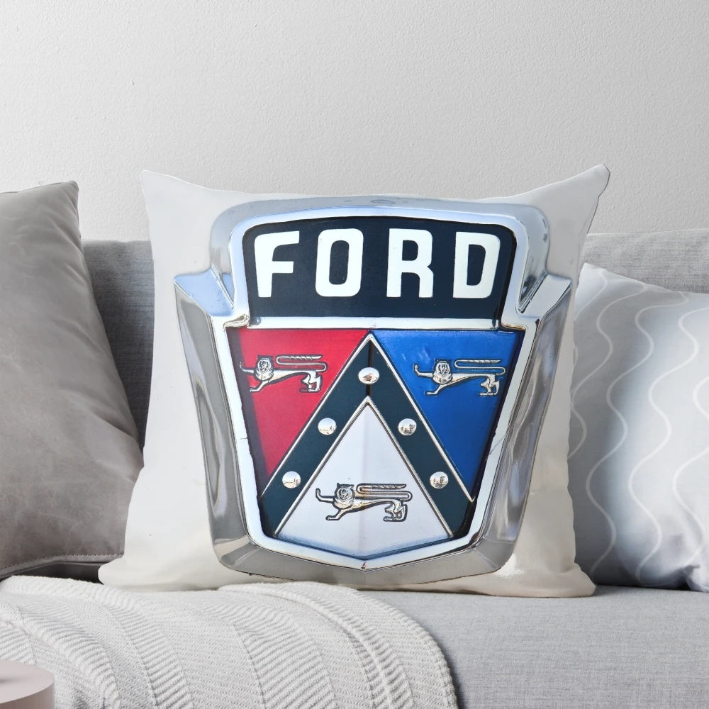Vintage Ford graphic shirt design printed on a soft, comfortable pillow
