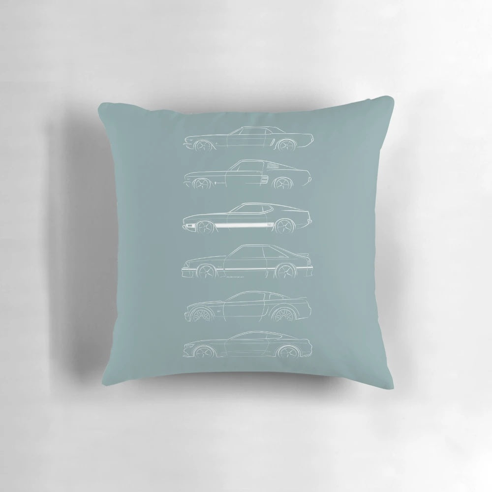 Evolution of the Ford Mustang Pillow, featuring vintage and classic Ford Mustang designs