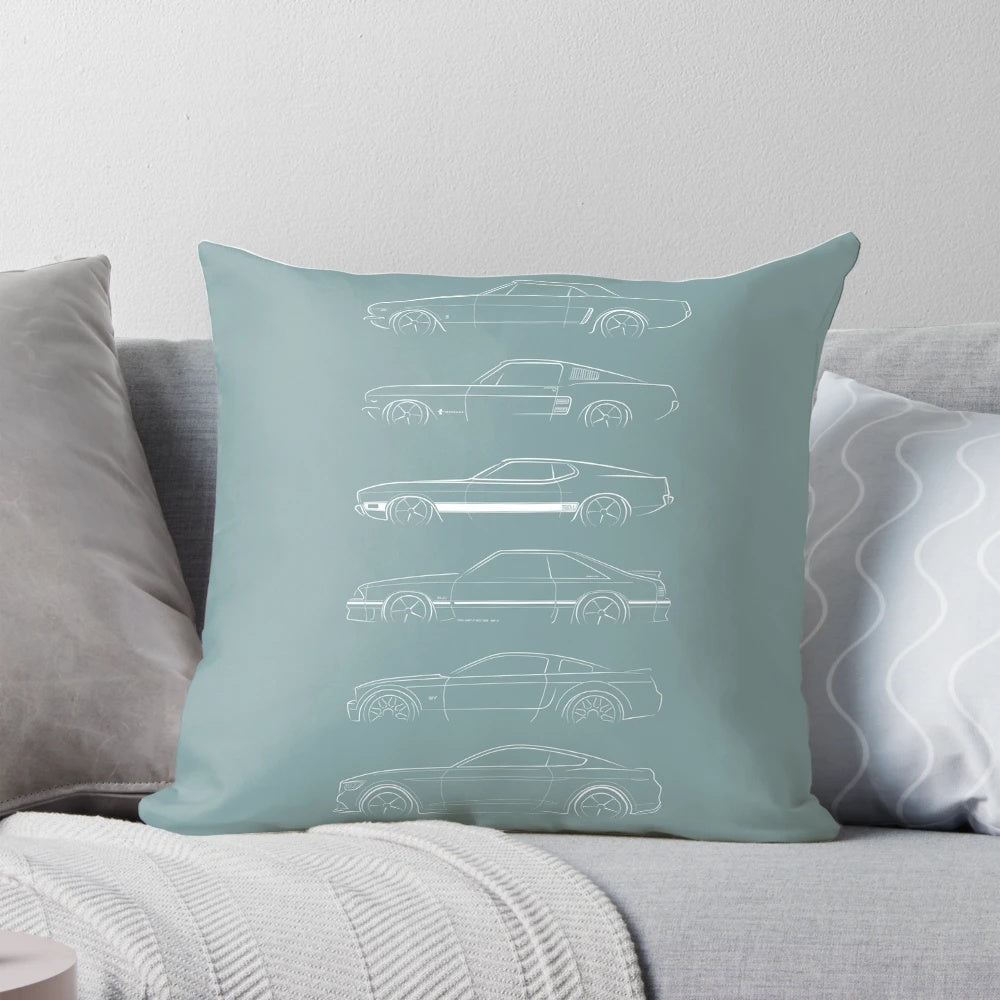 Evolution of the Ford Mustang Pillow, featuring vintage and classic Ford Mustang designs