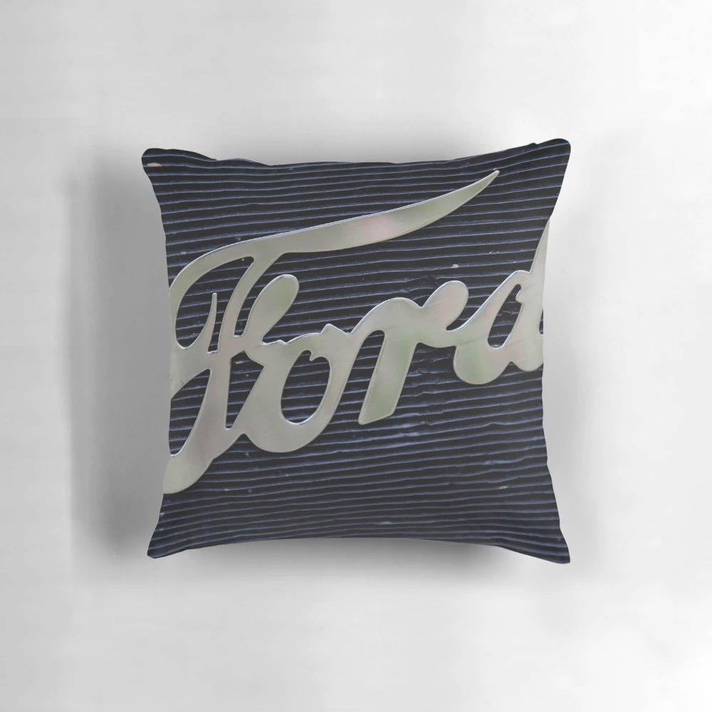 Vintage Ford radiator pillow with rustic metal and automotive detailing