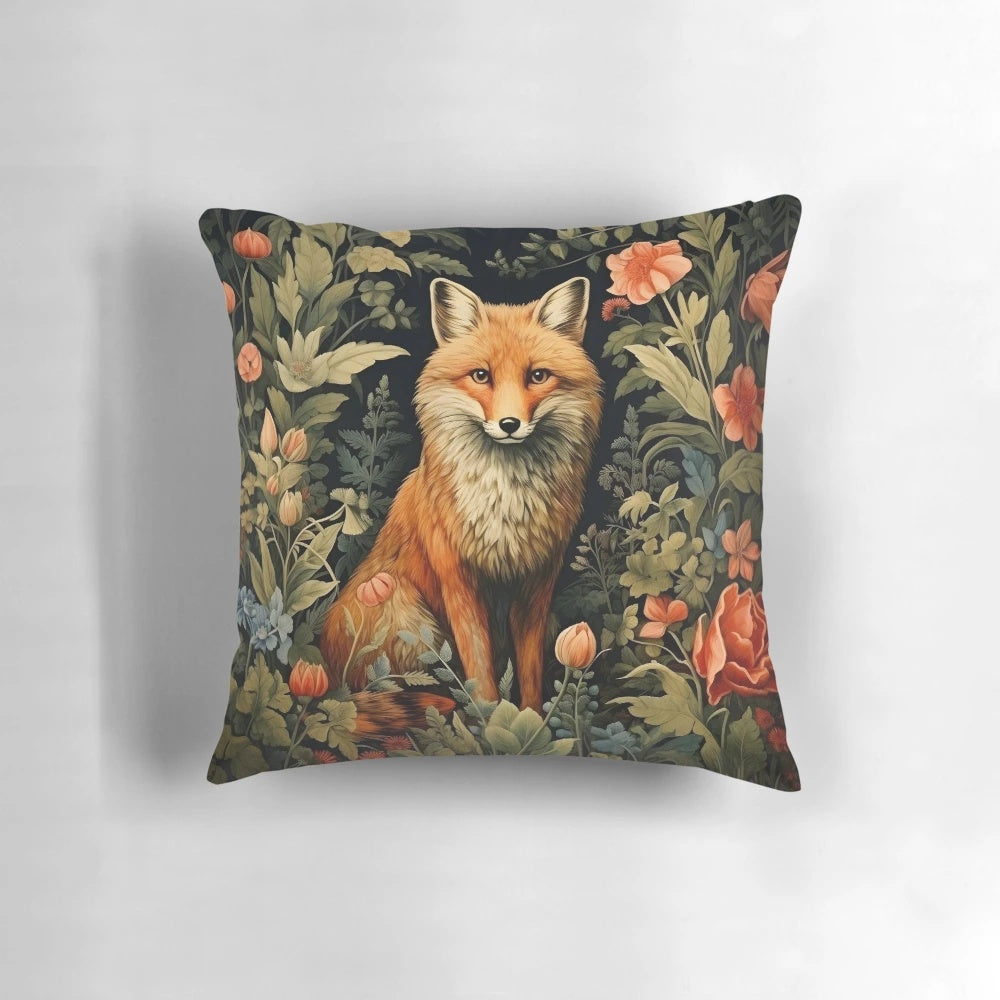Vintage-inspired throw pillow with a forest fox design in the style of William Morris' botanical patterns.