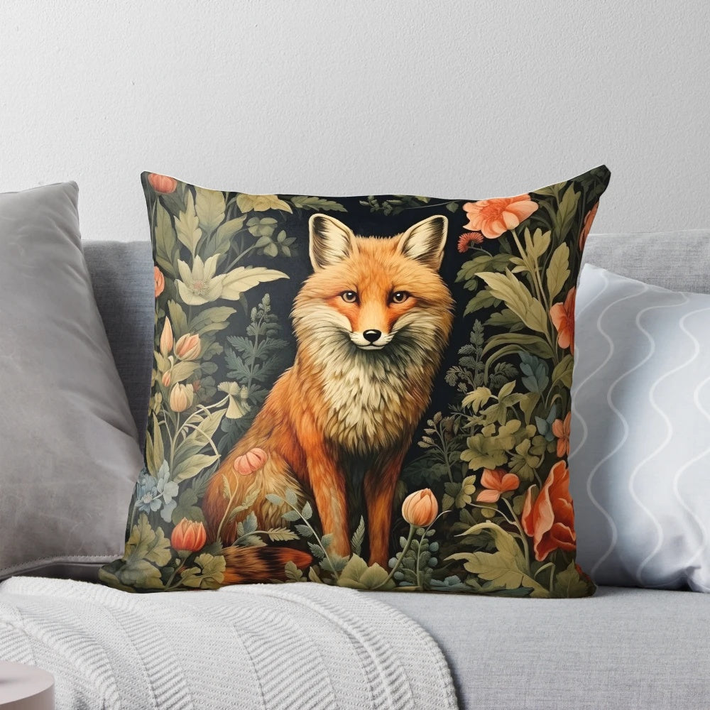 Vintage-inspired throw pillow with a forest fox design in the style of William Morris' botanical patterns.
