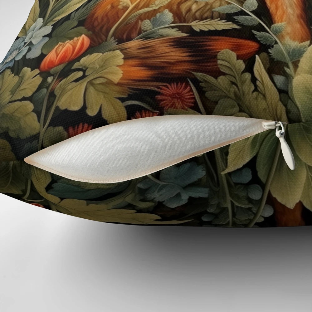 Vintage-inspired throw pillow with a forest fox design in the style of William Morris' botanical patterns.