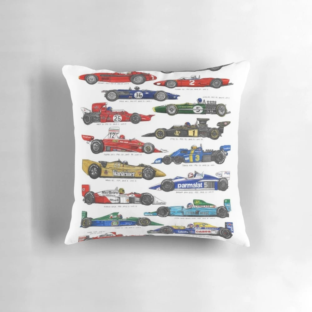 Vintage Formula 1 Cars Pillow with Lewis Hamilton, Lando Norris, and Max Verstappen Designs